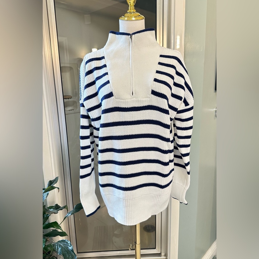 Lands' End Striped Navy and White Cowl Neck Sweater